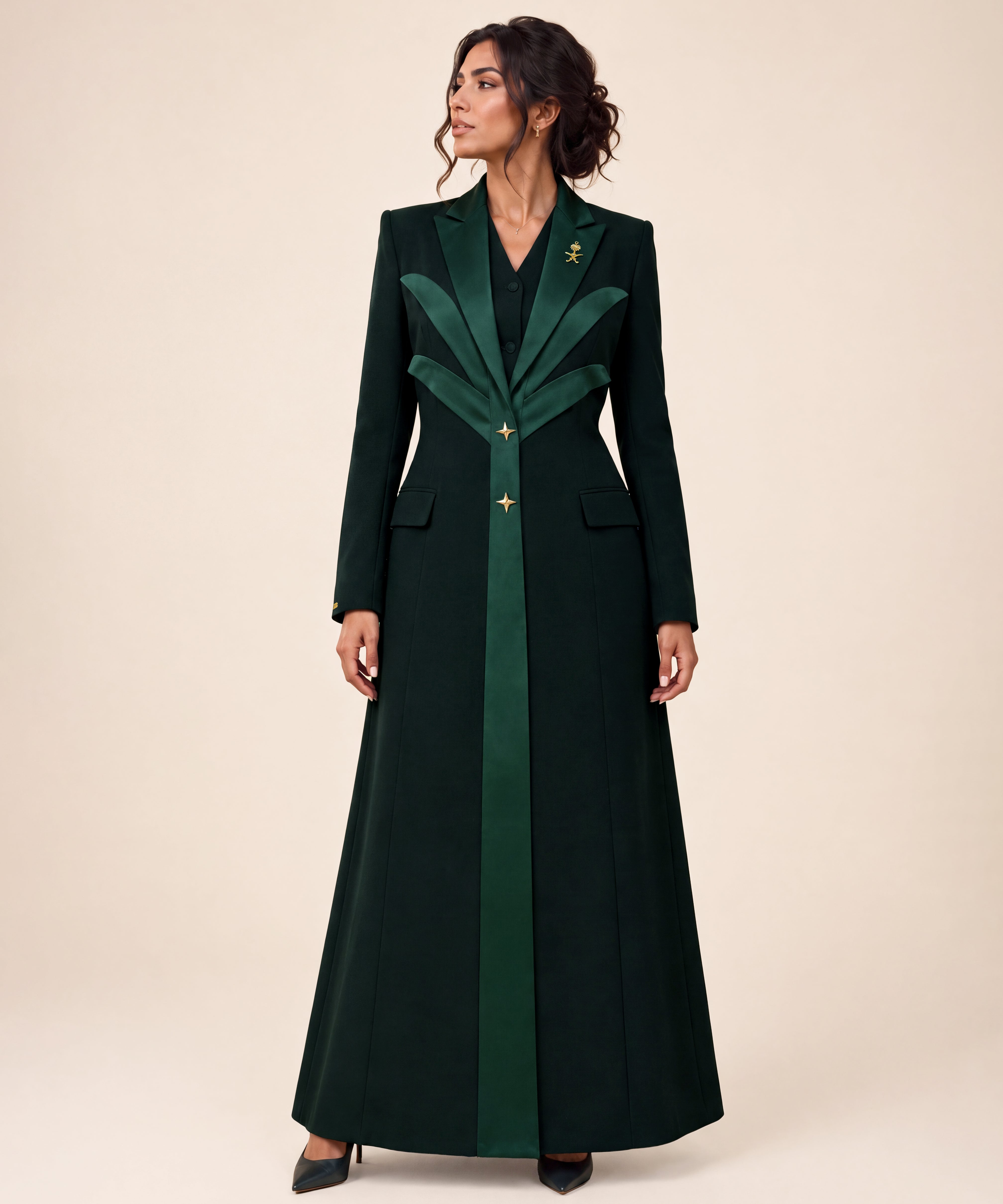 NAKHLAH blazer in Saudi Green, full-length front view with palm-inspired lines.