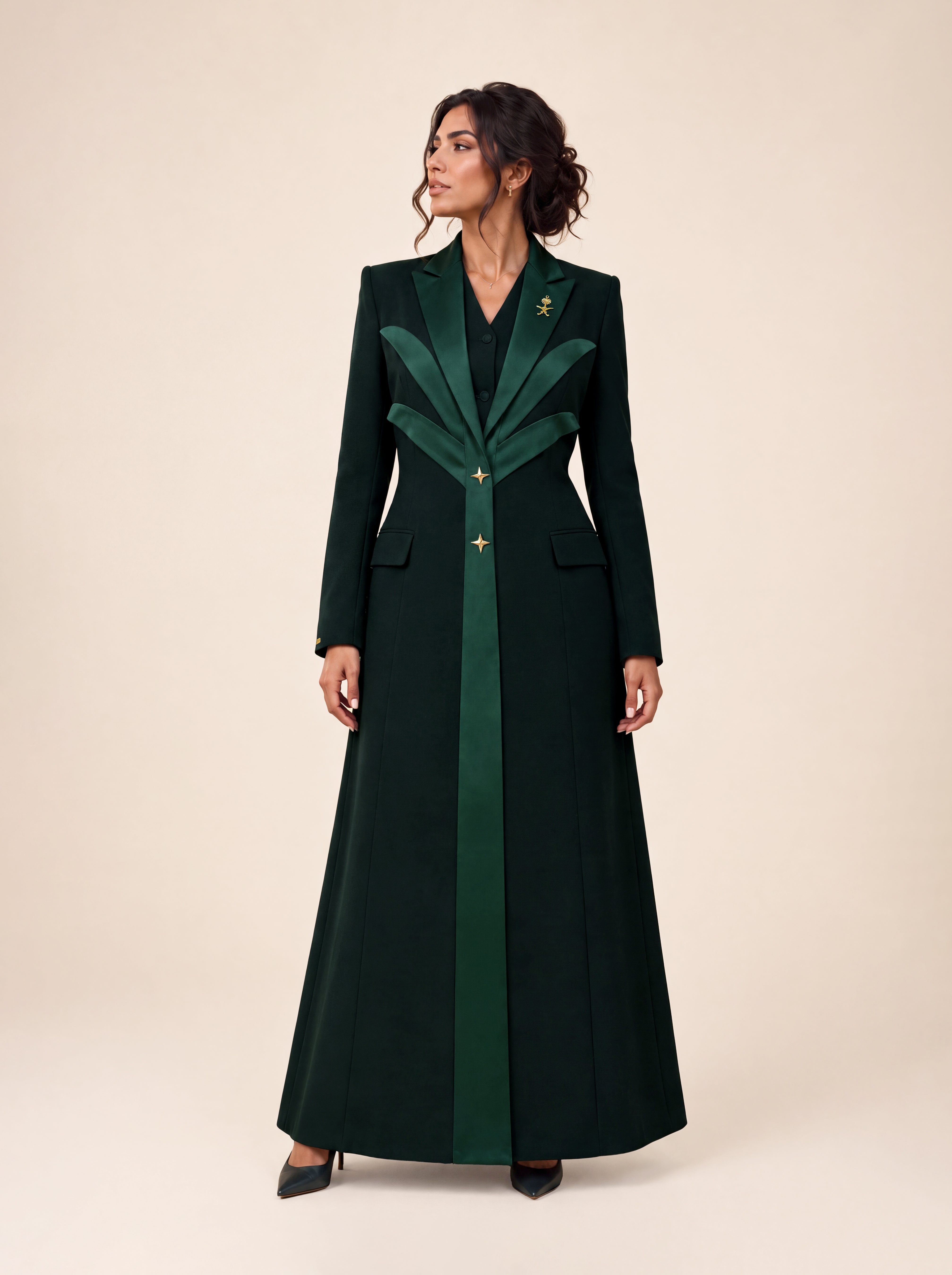 NAKHLAH blazer in Saudi Green, full-length front view with palm-inspired lines.
