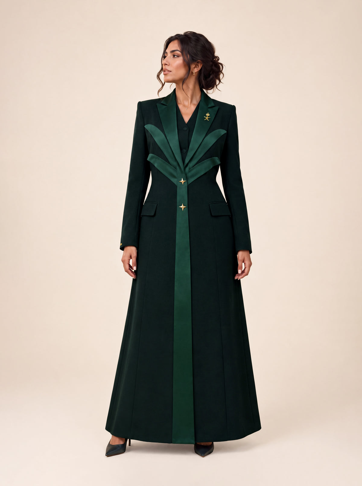 NAKHLAH blazer in Saudi Green, full-length front view with palm-inspired lines.