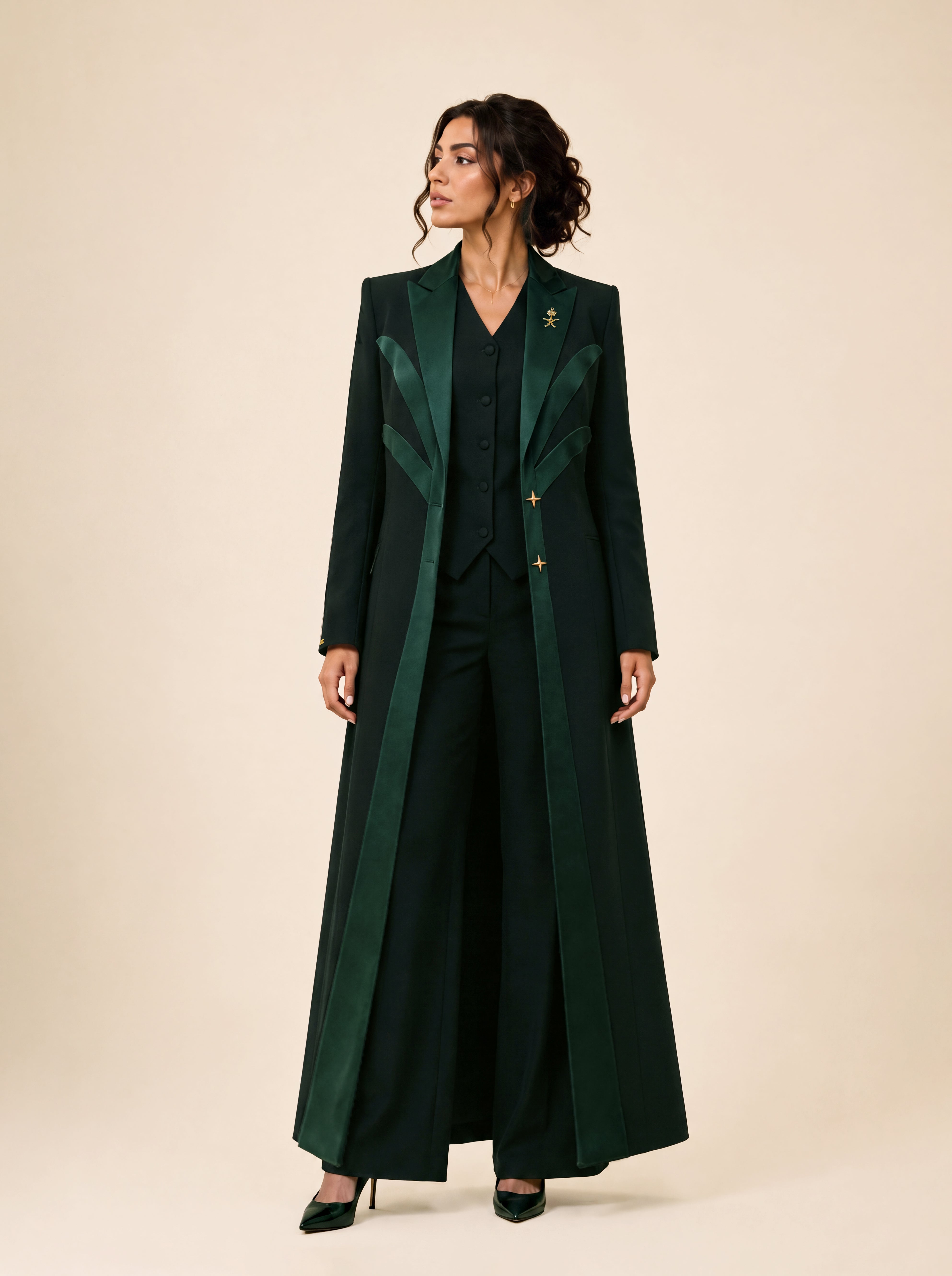 NAKHLAH long blazer worn open over a coordinating vest and trousers, full-length view.