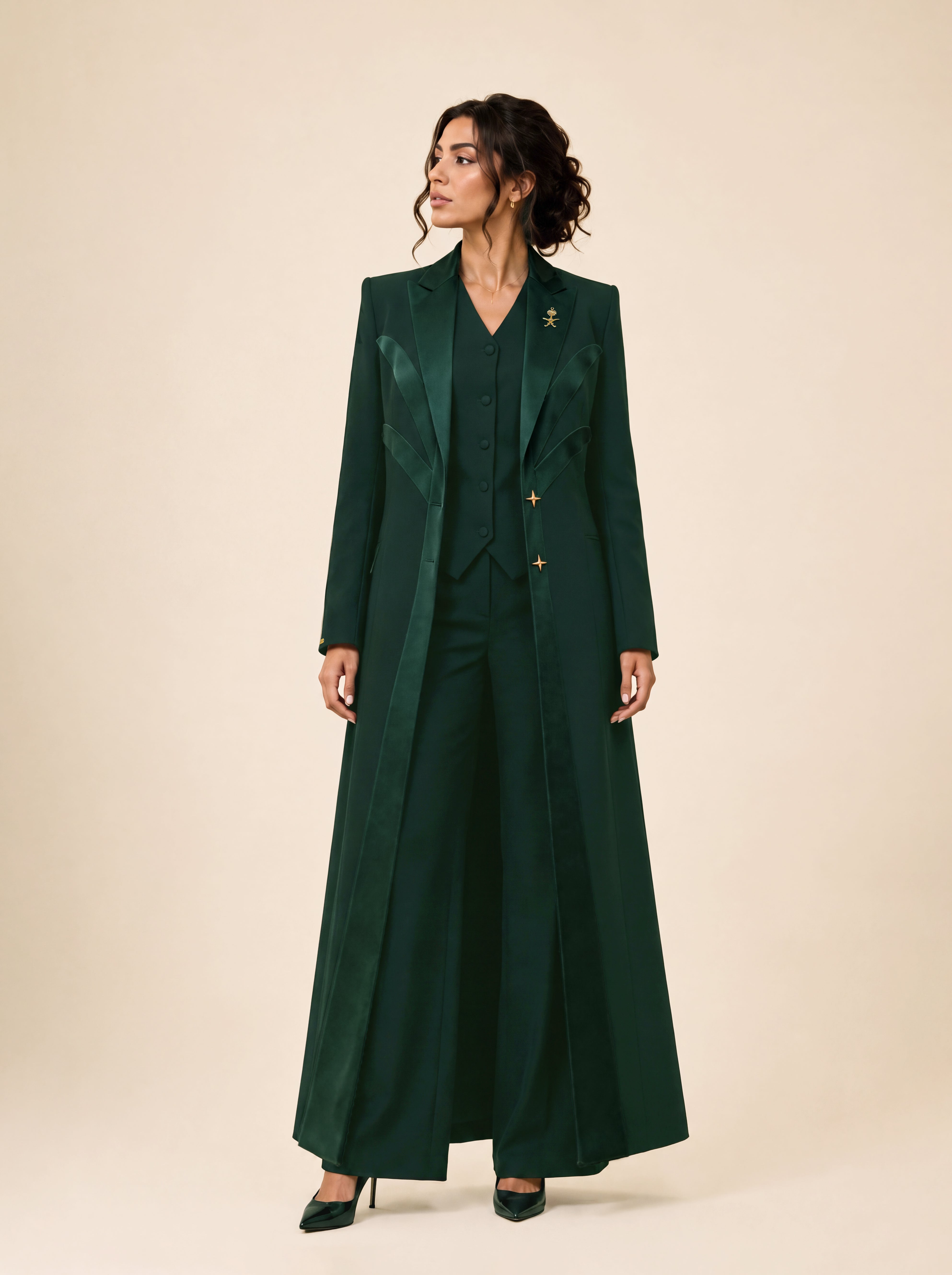 NAKHLAH blazer in Deep Saudi Green, worn open in a full-length view.