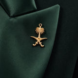 GLORY lapel close-up with the gold Saudi palm-and-crossed-swords emblem.