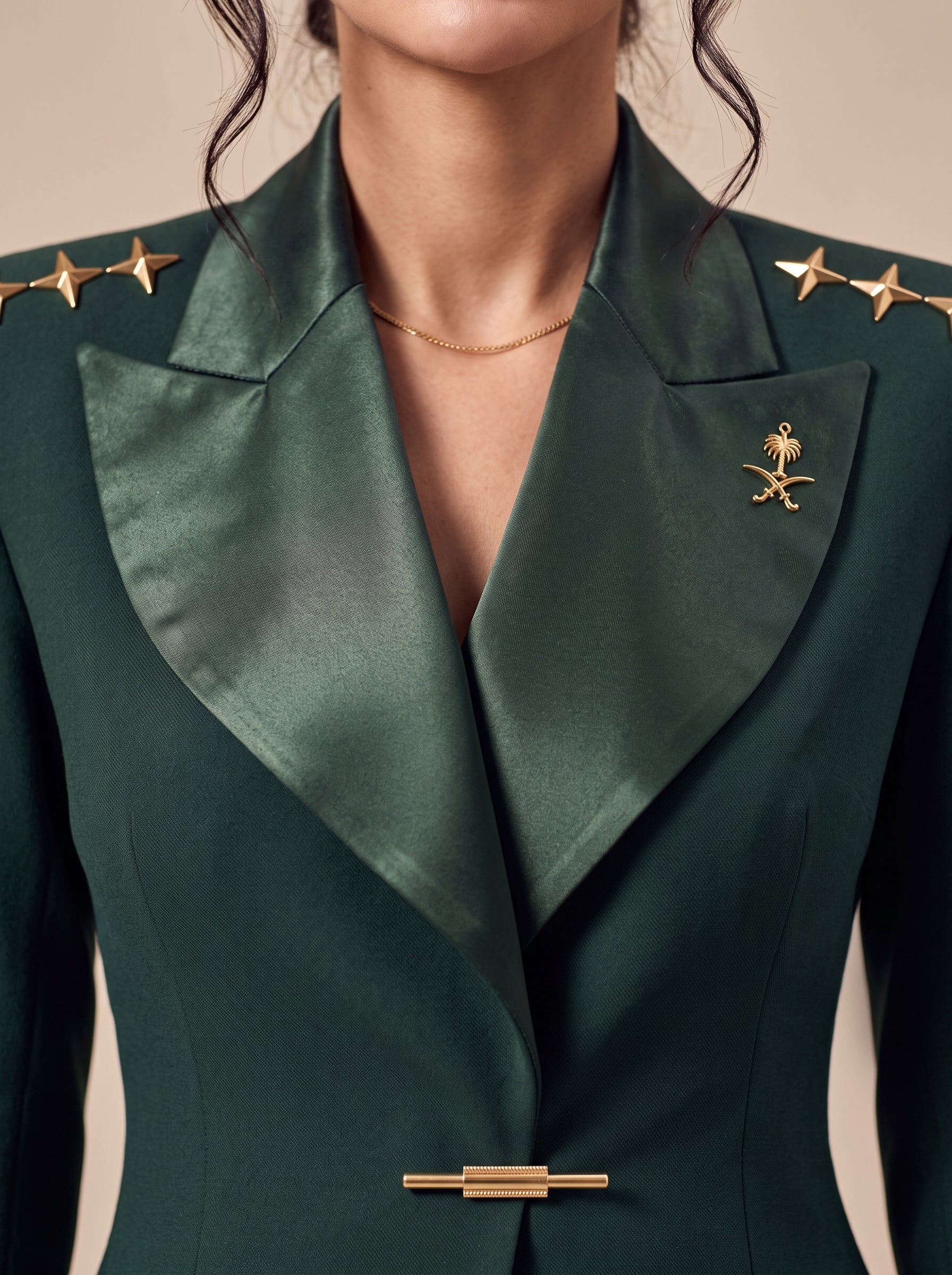 GLORY upper-front detail showing broad green silk lapels, gold stars and the Saudi emblem.
