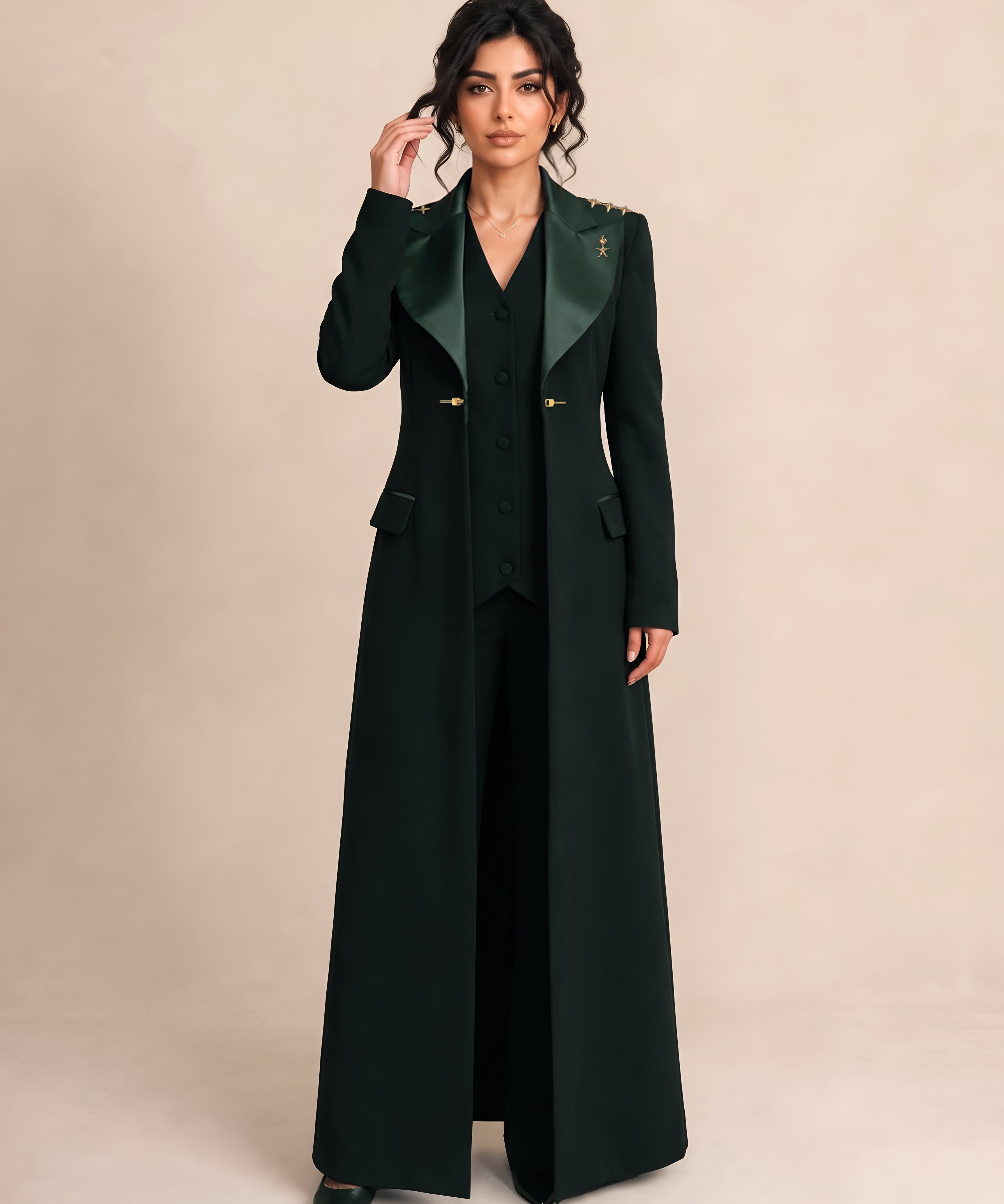 GLORY blazer in Deep Saudi Green, worn open in a full-length front view.