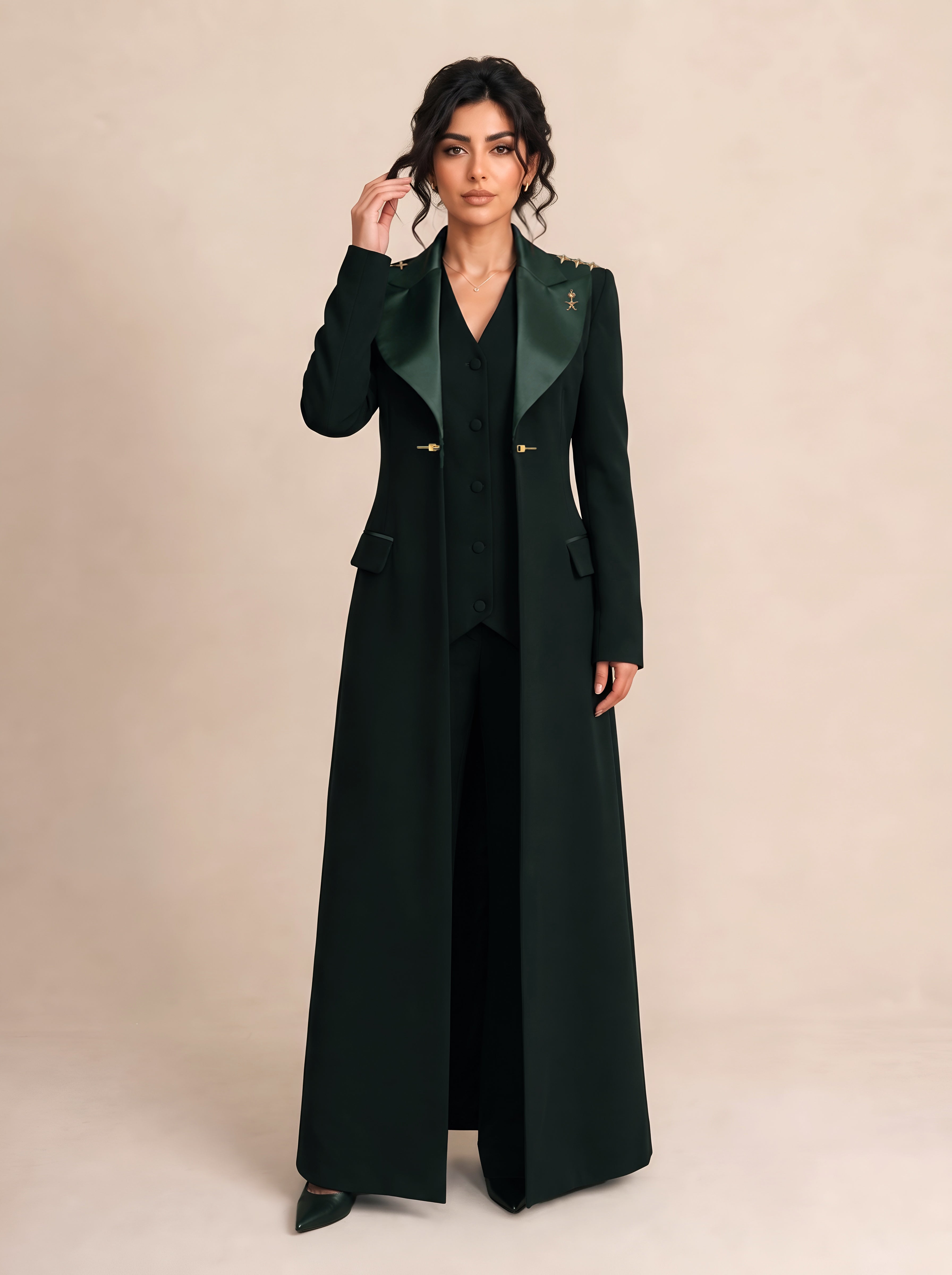 GLORY blazer in Deep Saudi Green, worn open in a full-length front view.