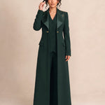 GLORY long blazer worn open over a coordinating vest and trousers, full-length front view.