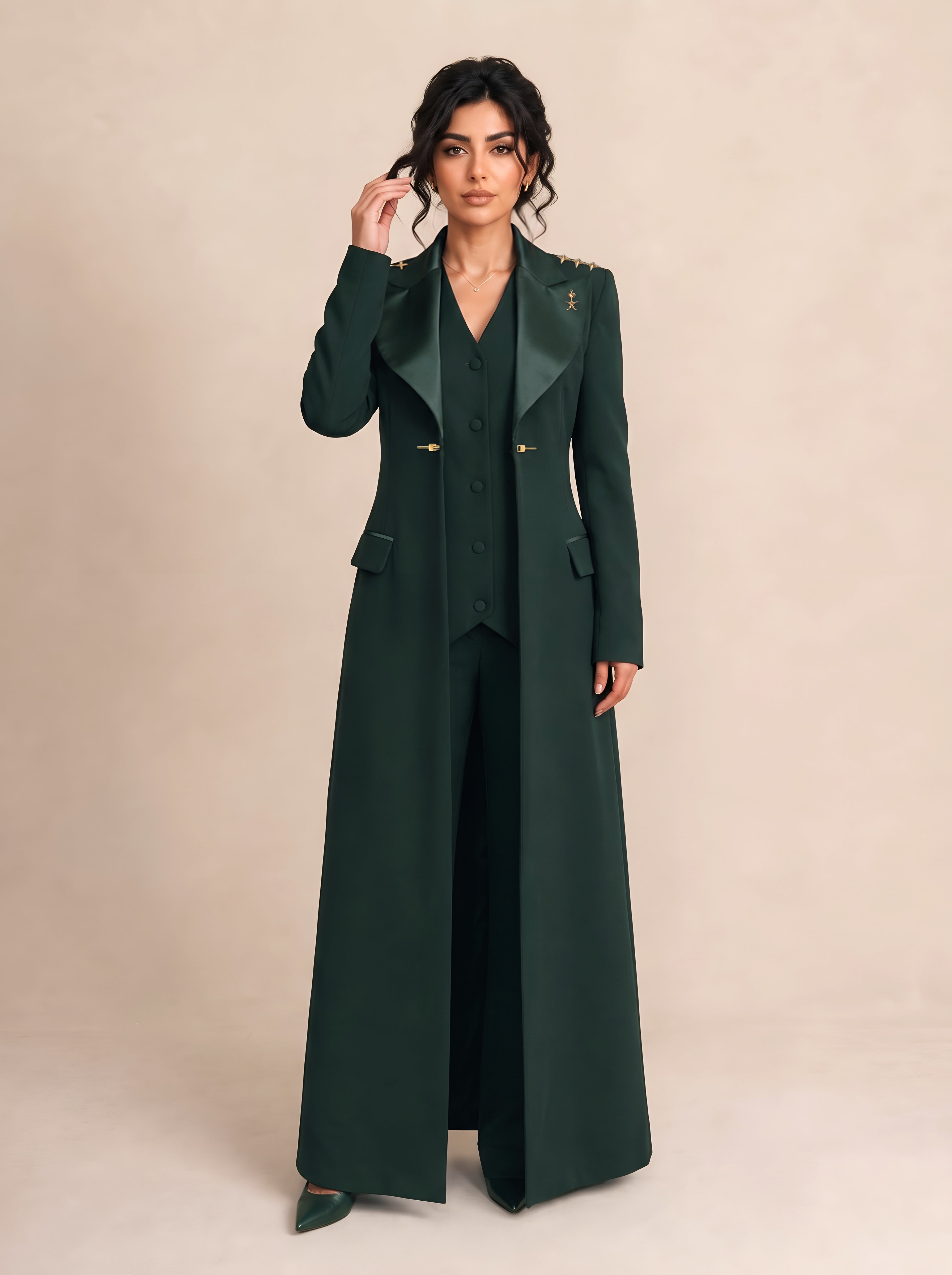 GLORY long blazer worn open over a coordinating vest and trousers, full-length front view.