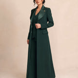 GLORY long blazer worn open with a coordinating vest and trousers, three-quarter full-length view.