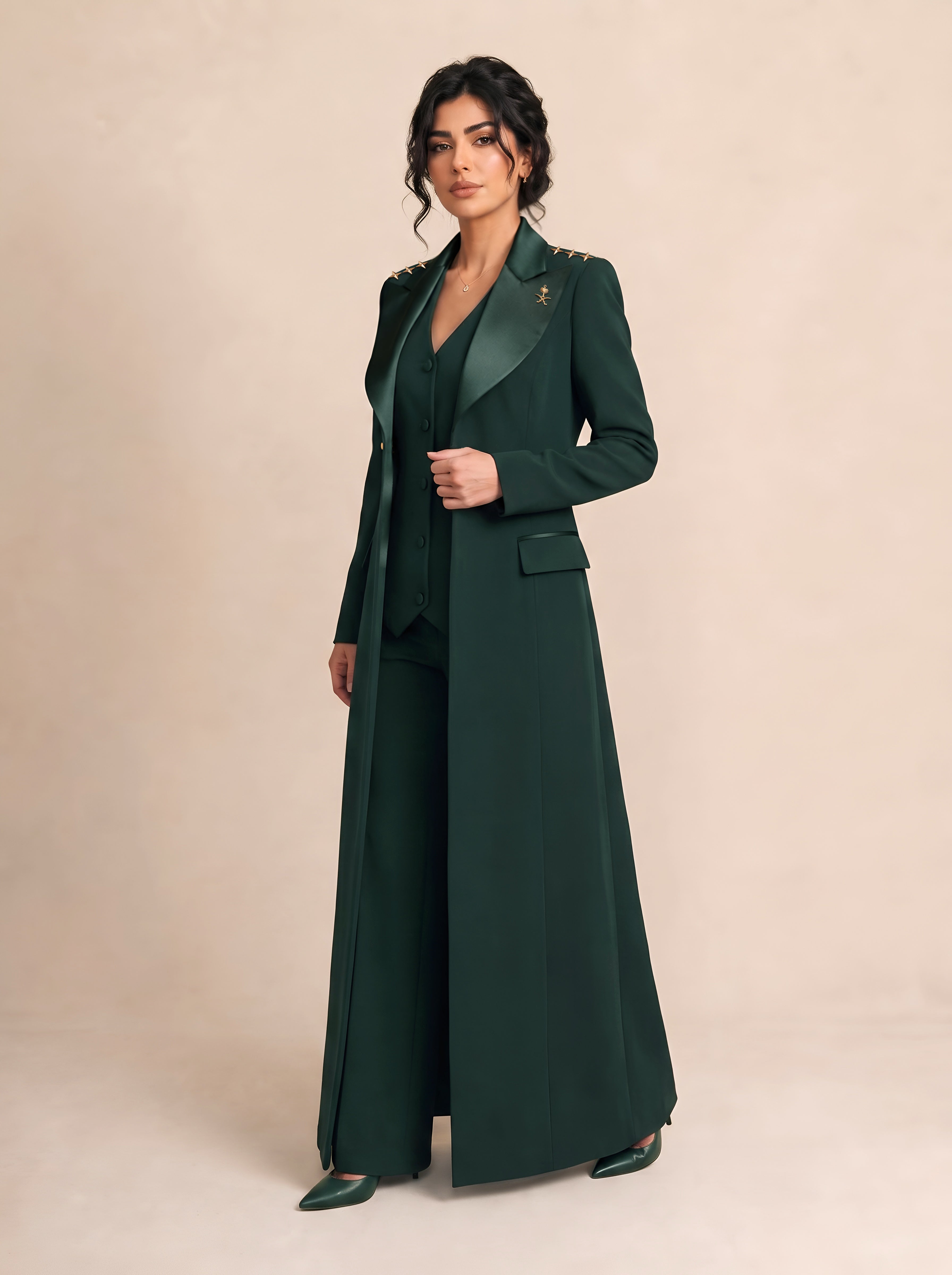 GLORY long blazer worn open with a coordinating vest and trousers, three-quarter full-length view.