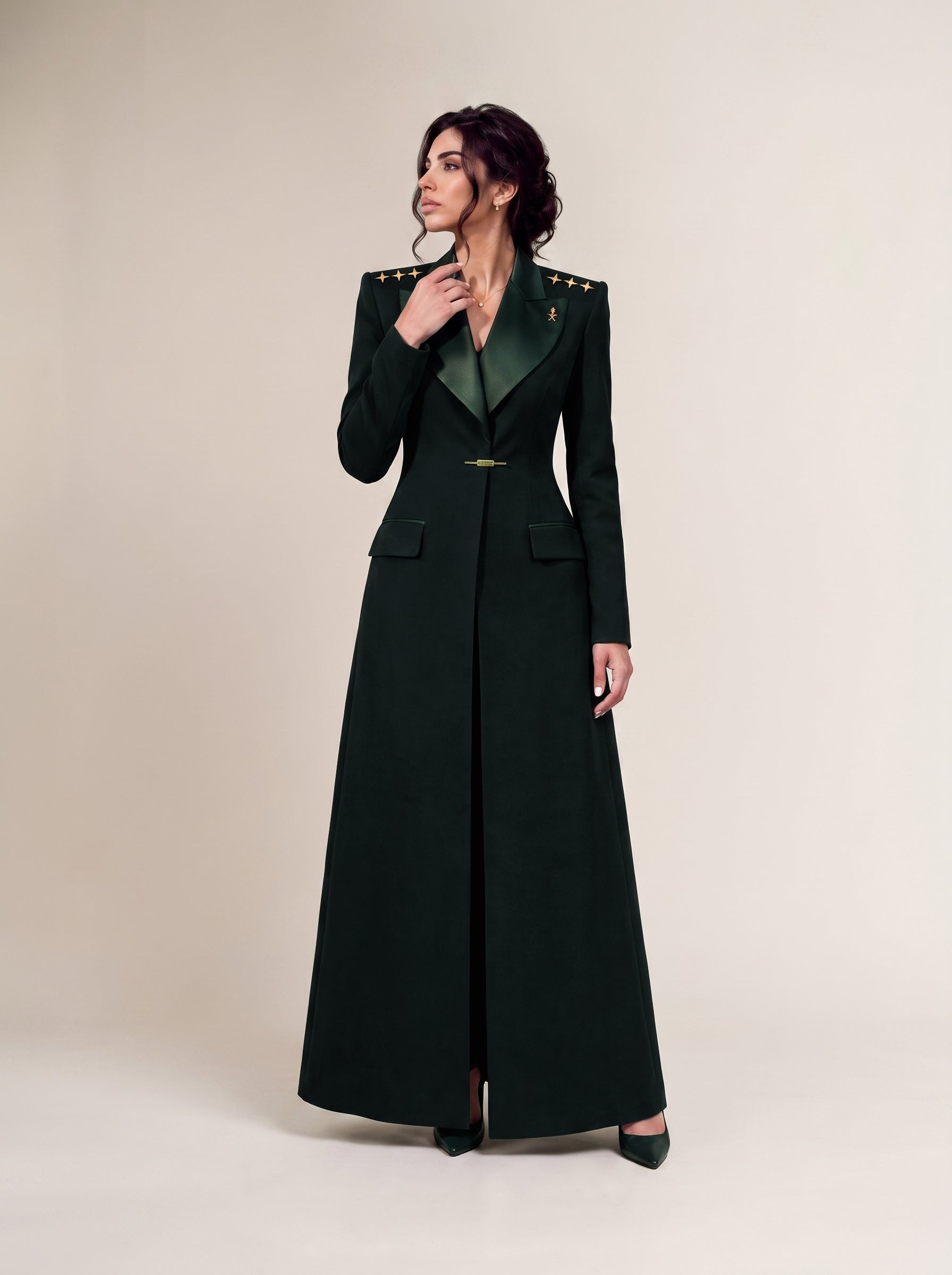 GLORY blazer in Deep Saudi Green, full-length front view with gold shoulder stars.