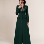 GLORY long blazer, full-length front view with broad green silk lapels and gold shoulder stars.