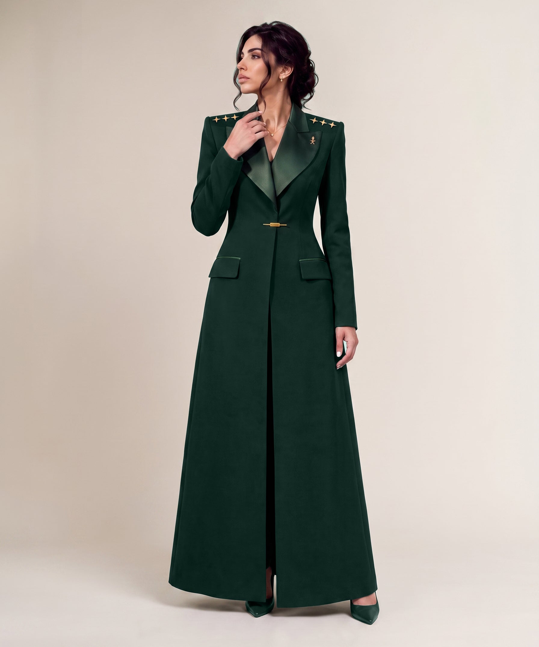 GLORY long blazer, full-length front view with broad green silk lapels and gold shoulder stars.