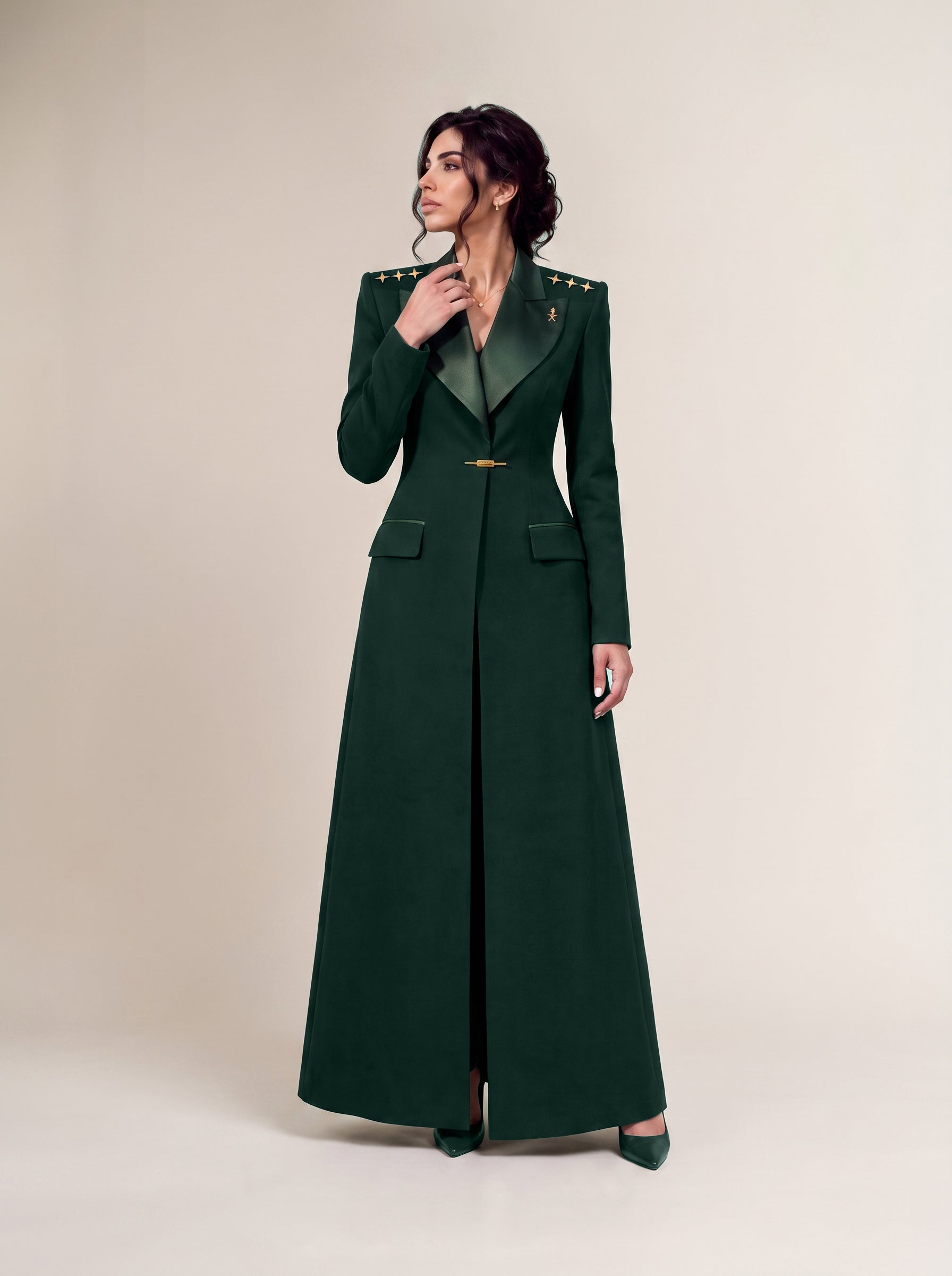 GLORY long blazer, full-length front view with broad green silk lapels and gold shoulder stars.