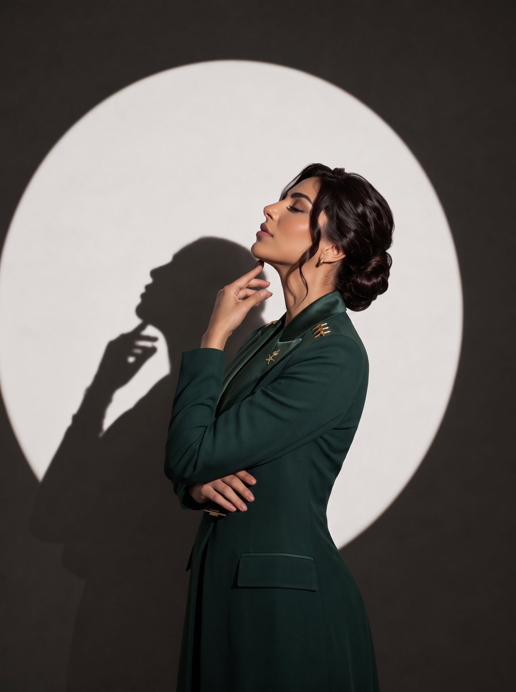 GLORY blazer in an editorial side portrait with gold stars and the Saudi emblem.