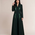 TERRA long blazer, full-length front view with curved green silk detailing and gold-tone waist hardware.