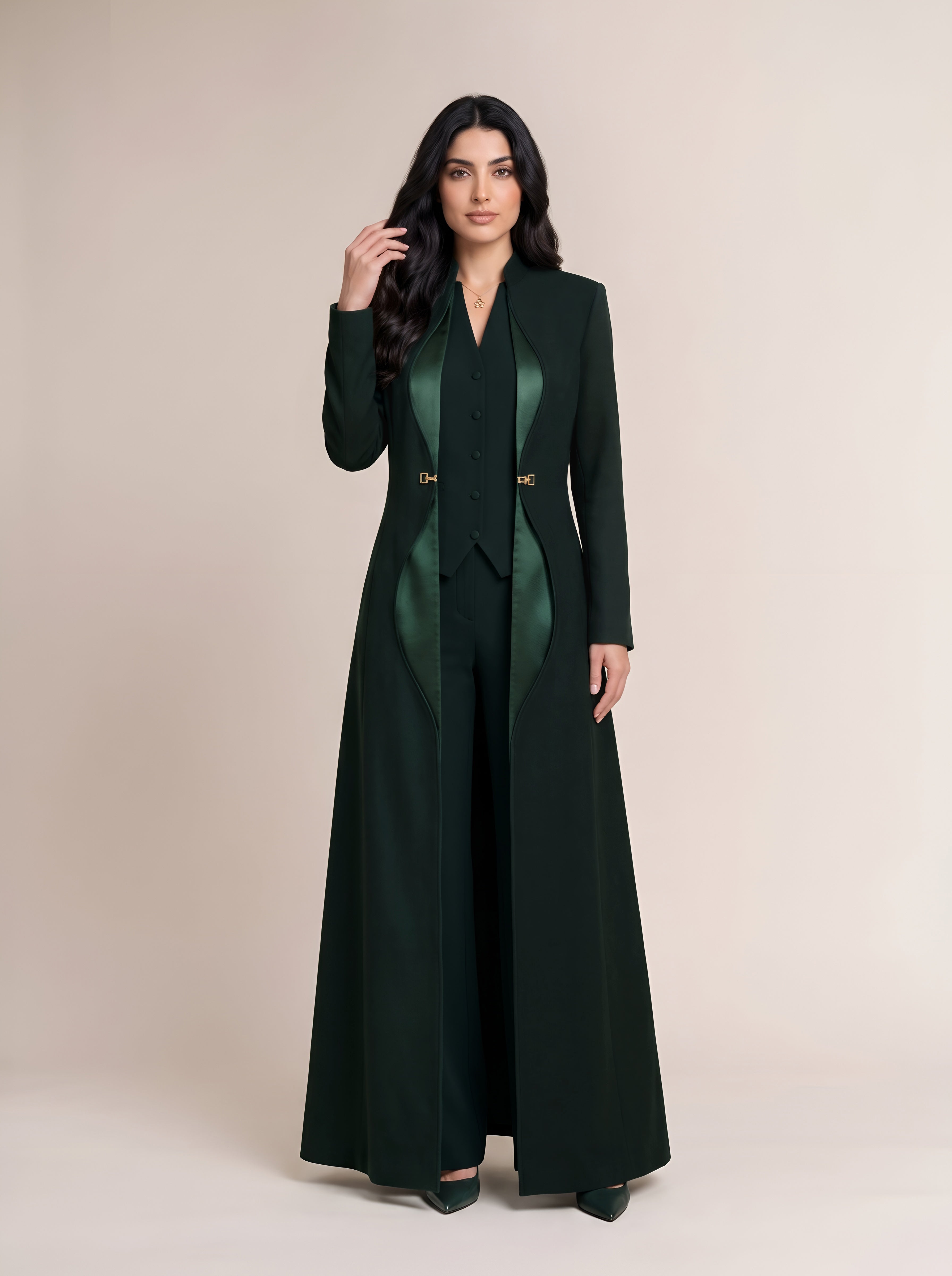 TERRA long blazer, full-length front view with curved green silk detailing and gold-tone waist hardware.