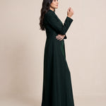 TERRA long blazer in side profile, showing the full-length silhouette and sleeve construction.