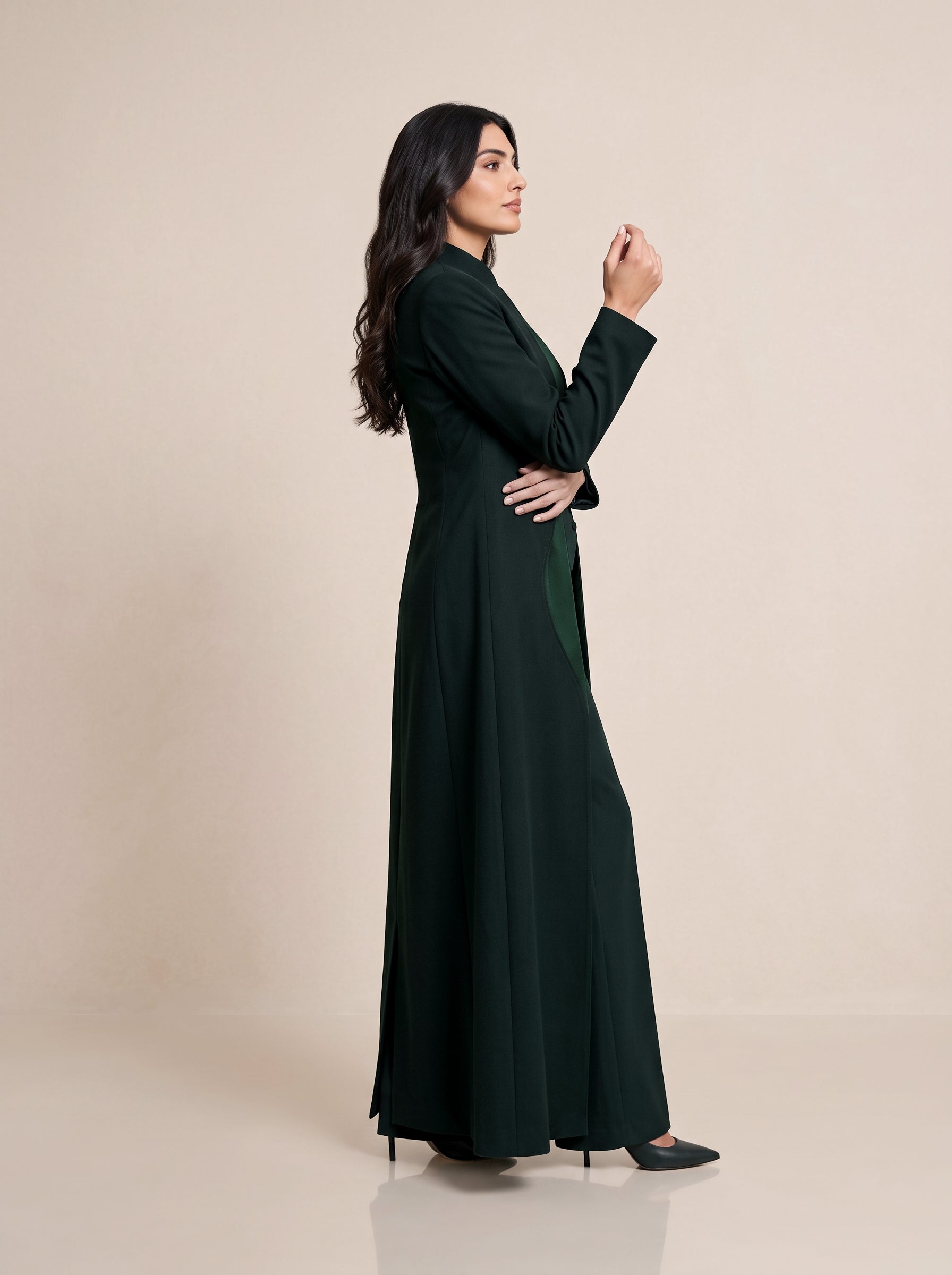 TERRA long blazer in side profile, showing the full-length silhouette and sleeve construction.