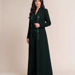 TERRA long blazer worn open over a coordinating button-front vest and trousers, full-length view.