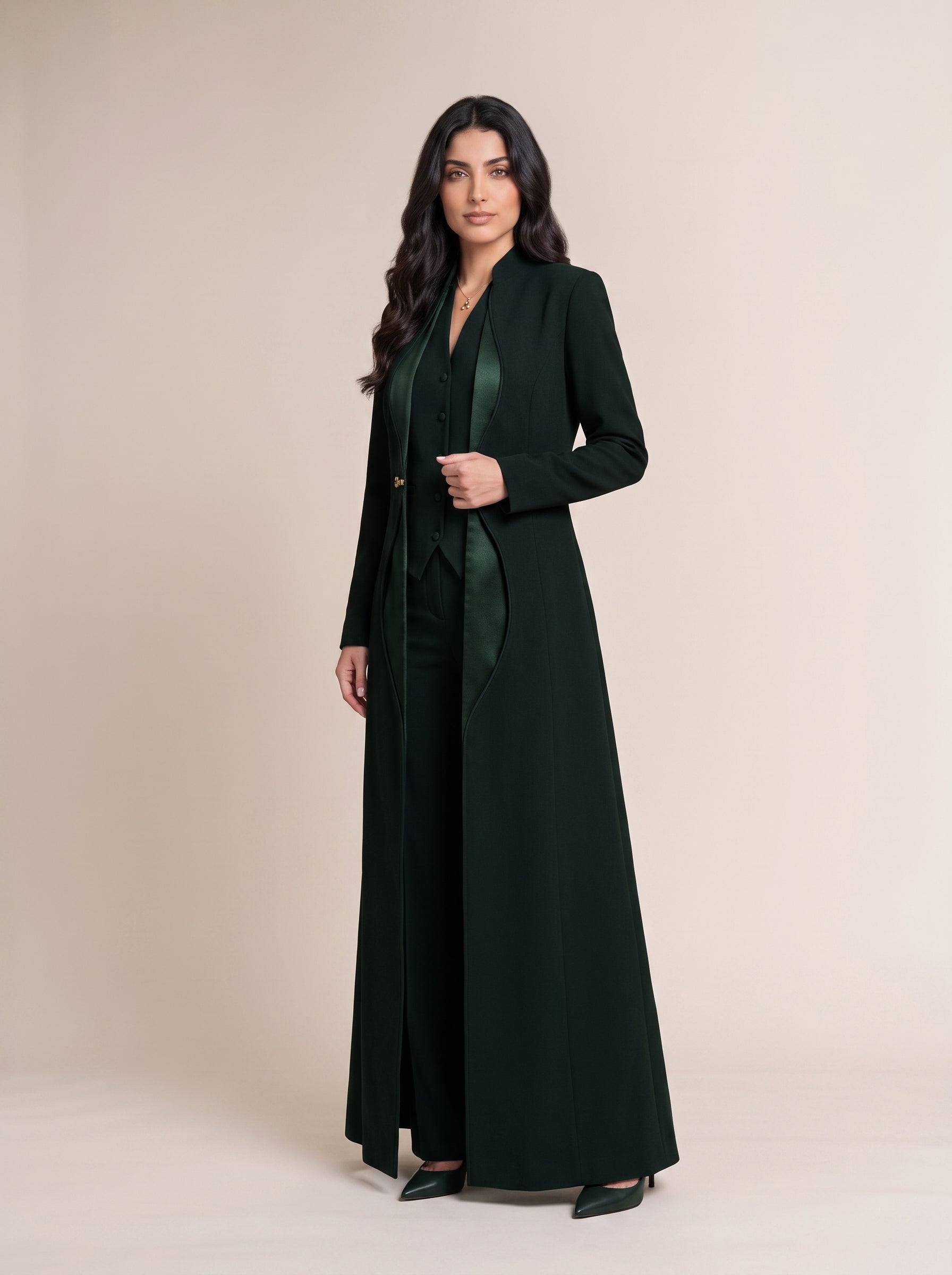 TERRA long blazer worn open over a coordinating button-front vest and trousers, full-length view.
