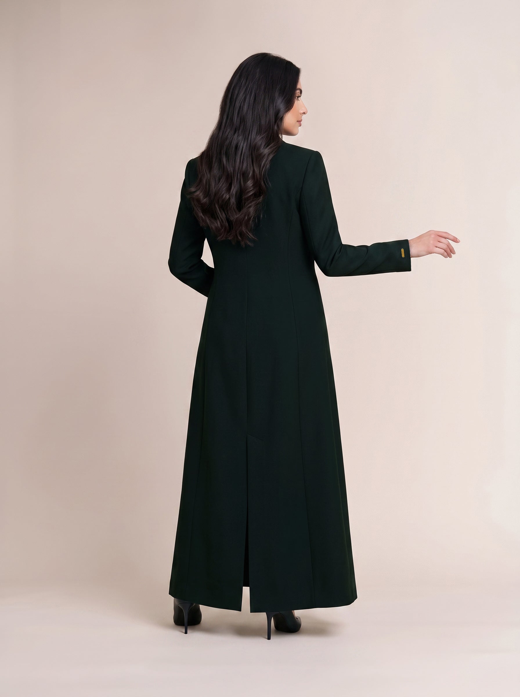 TERRA long blazer, full-length back view showing the shaped waist and back vent.