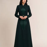 TERRA long blazer worn closed, full-length front view of the paired green contour forms.
