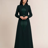 TERRA long blazer worn closed, full-length front view of the paired green contour forms.