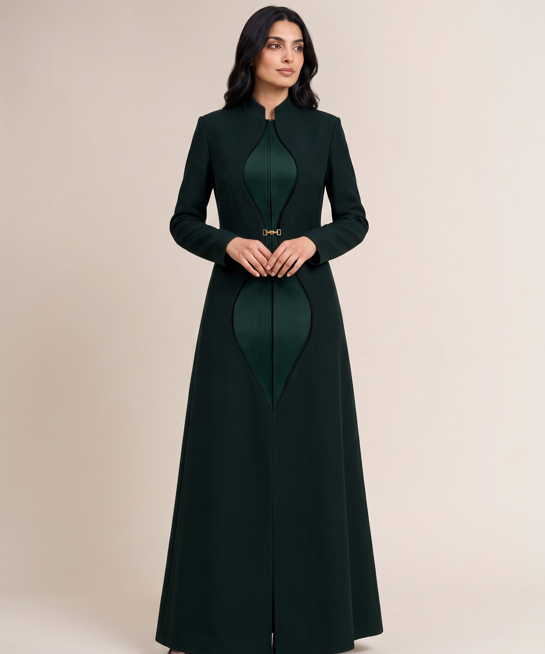 TERRA long blazer worn closed, full-length front view of the paired green contour forms.