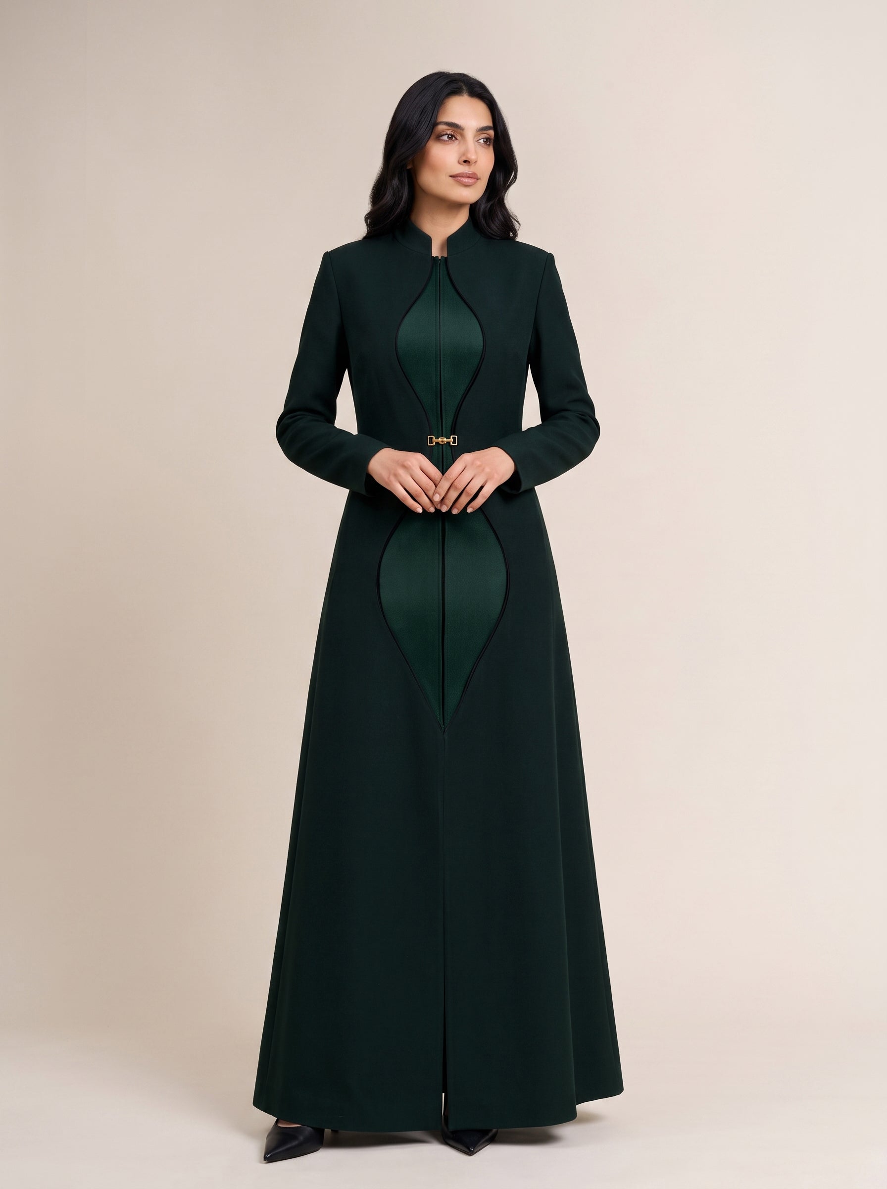 TERRA long blazer worn closed, full-length front view of the paired green contour forms.