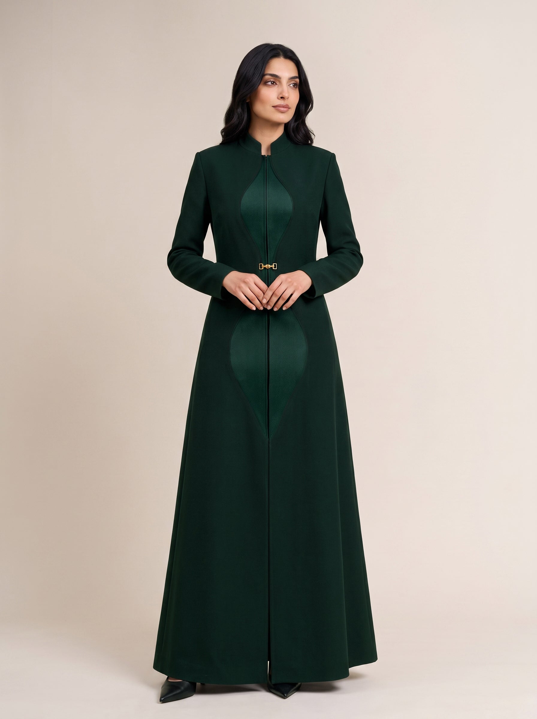 TERRA blazer in Deep Saudi Green, full-length front view with curved contour forms.