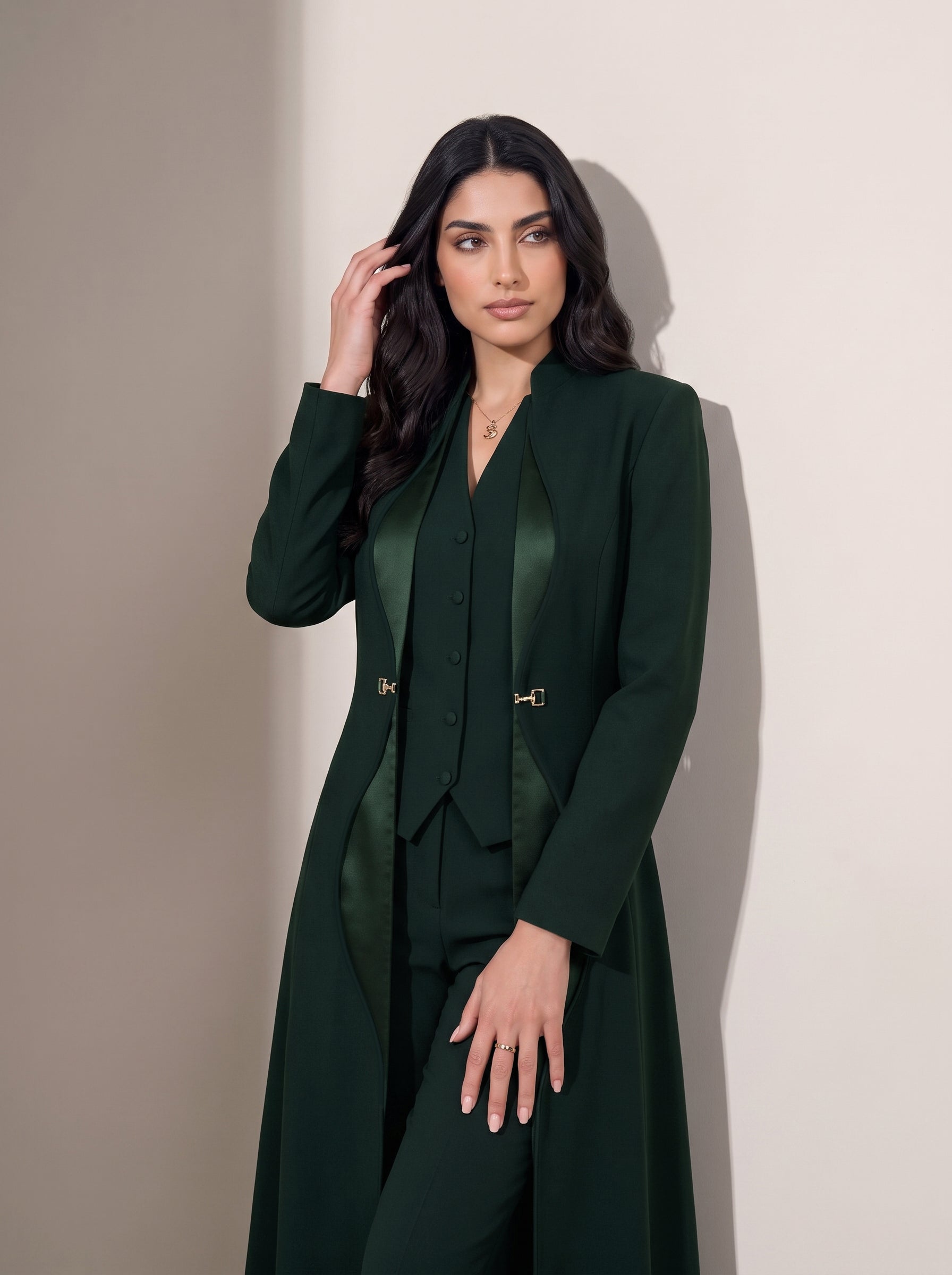 TERRA blazer in Deep Saudi Green, open-front editorial portrait.