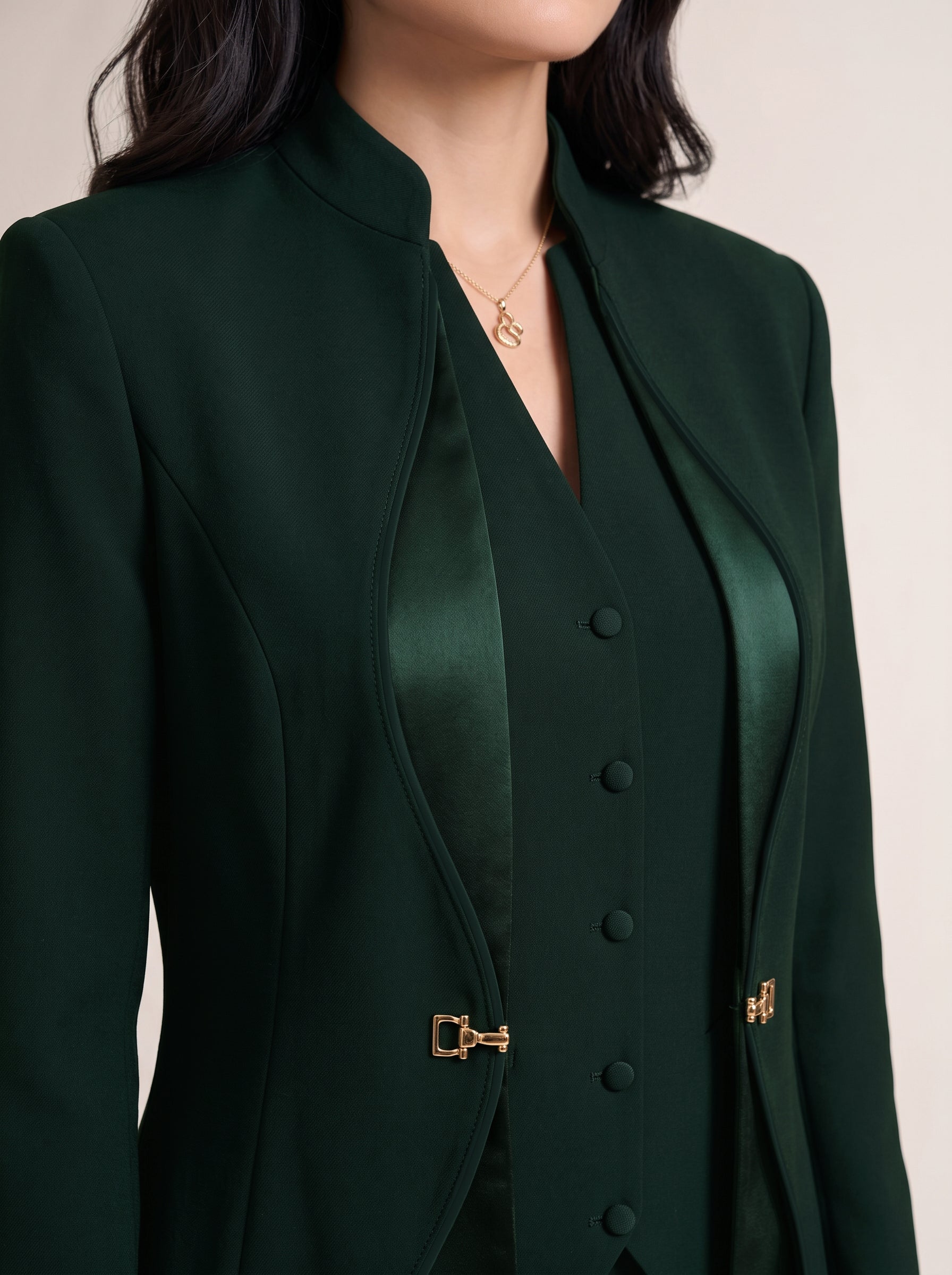 TERRA upper-front detail with standing collar and curved silk trim.