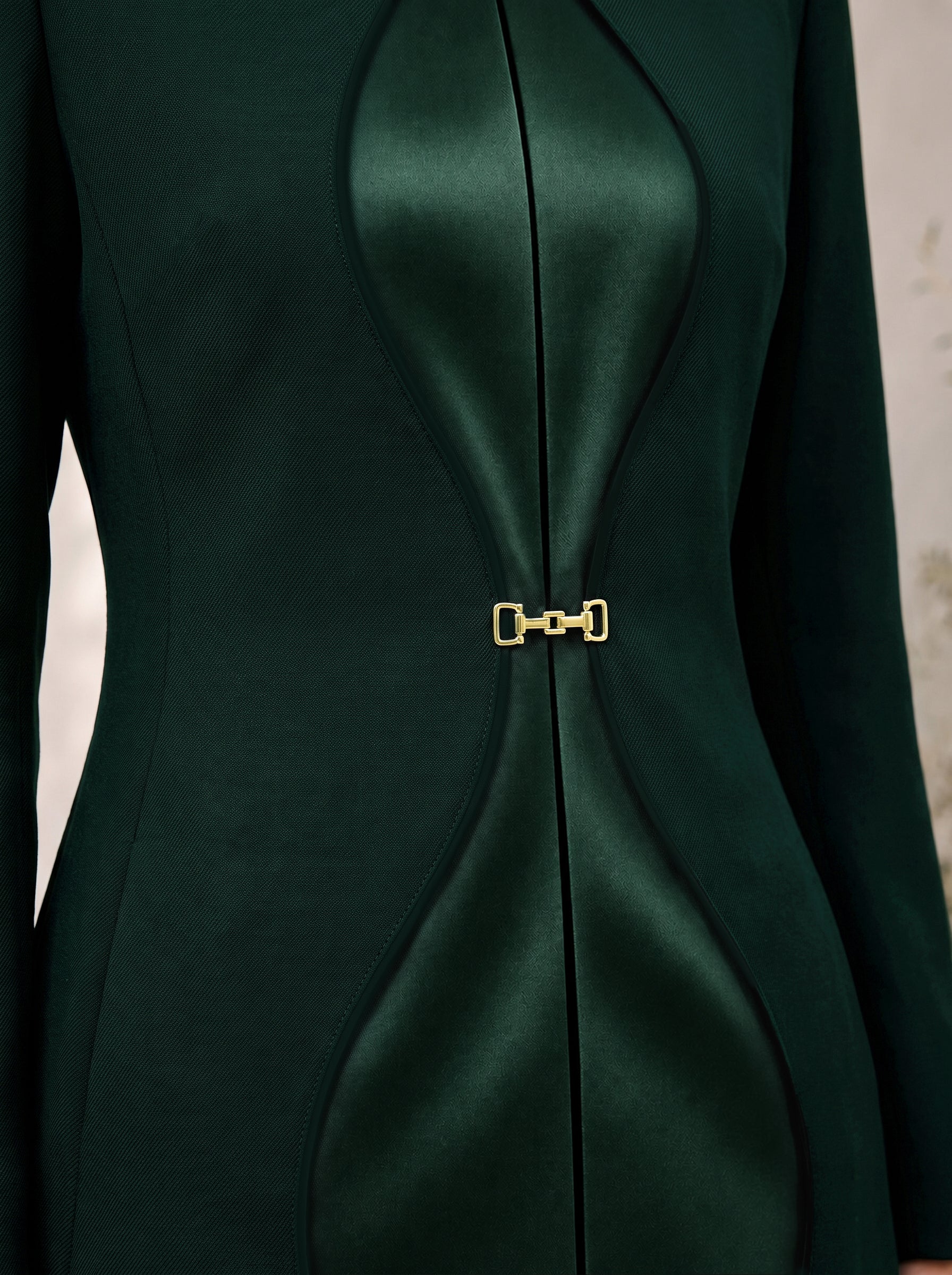 TERRA Deep Saudi Green blazer, waist detail with curved silk panels.
