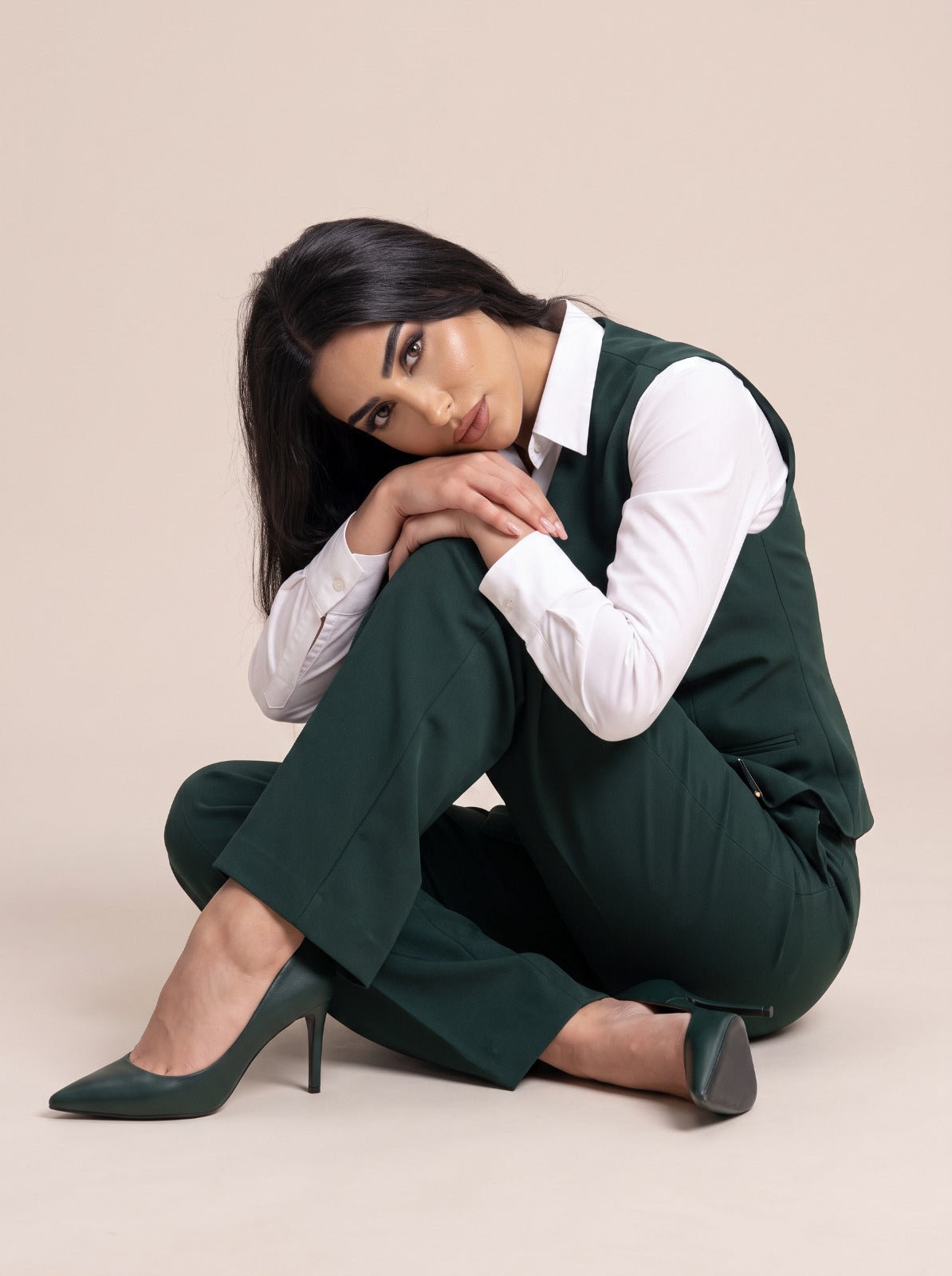 WAQAR formal set in Saudi Green, front view showing the straight-button vest.