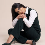 WAQAR formal set in Deep Saudi Green, front view showing the straight-button vest.