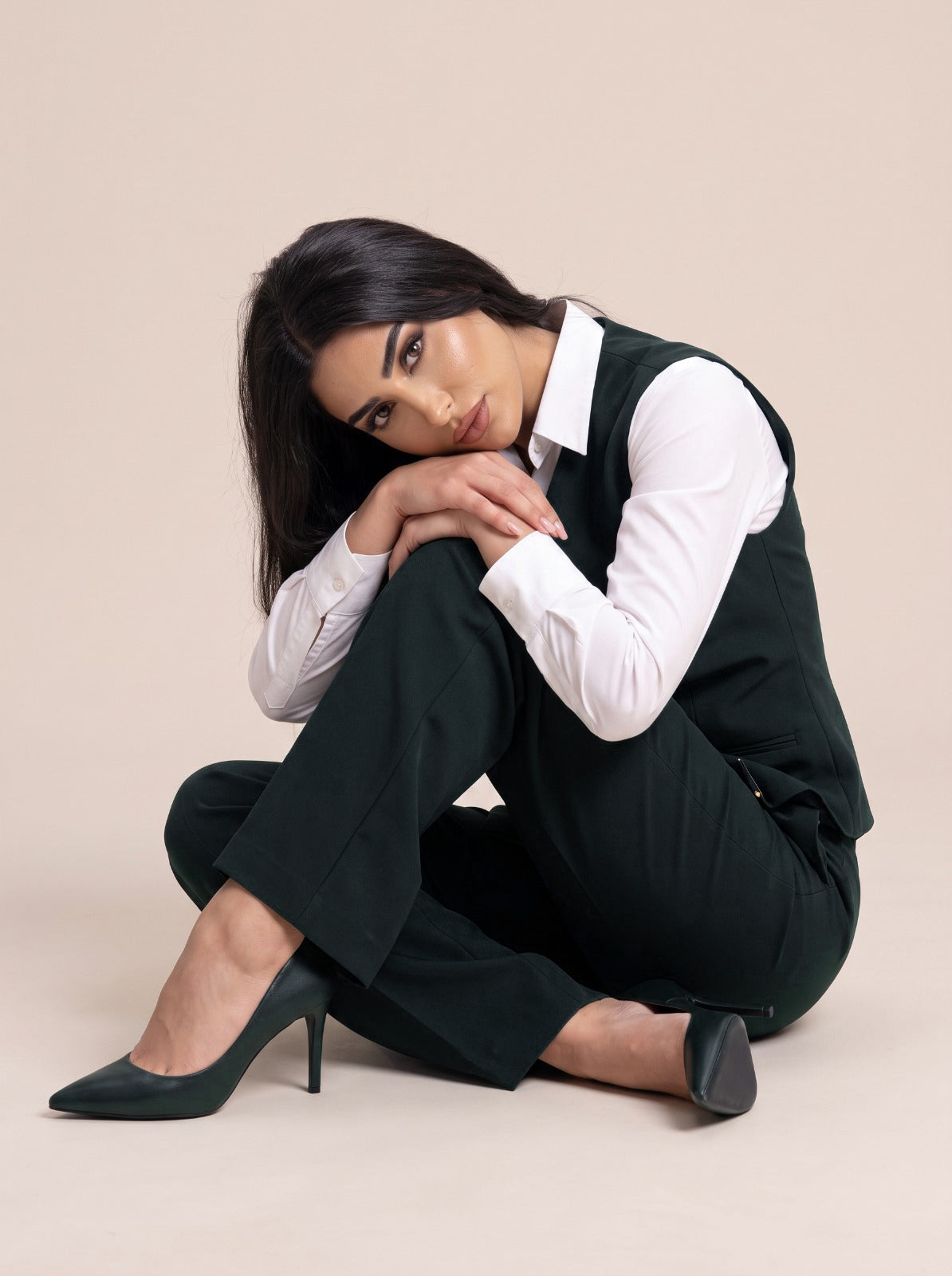 WAQAR formal set in Deep Saudi Green, front view showing the straight-button vest.