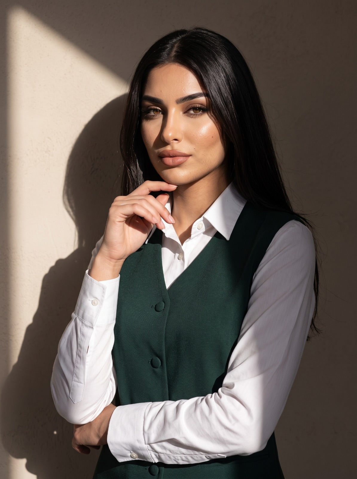 WAQAR formal set in Saudi Green, seated editorial full look.