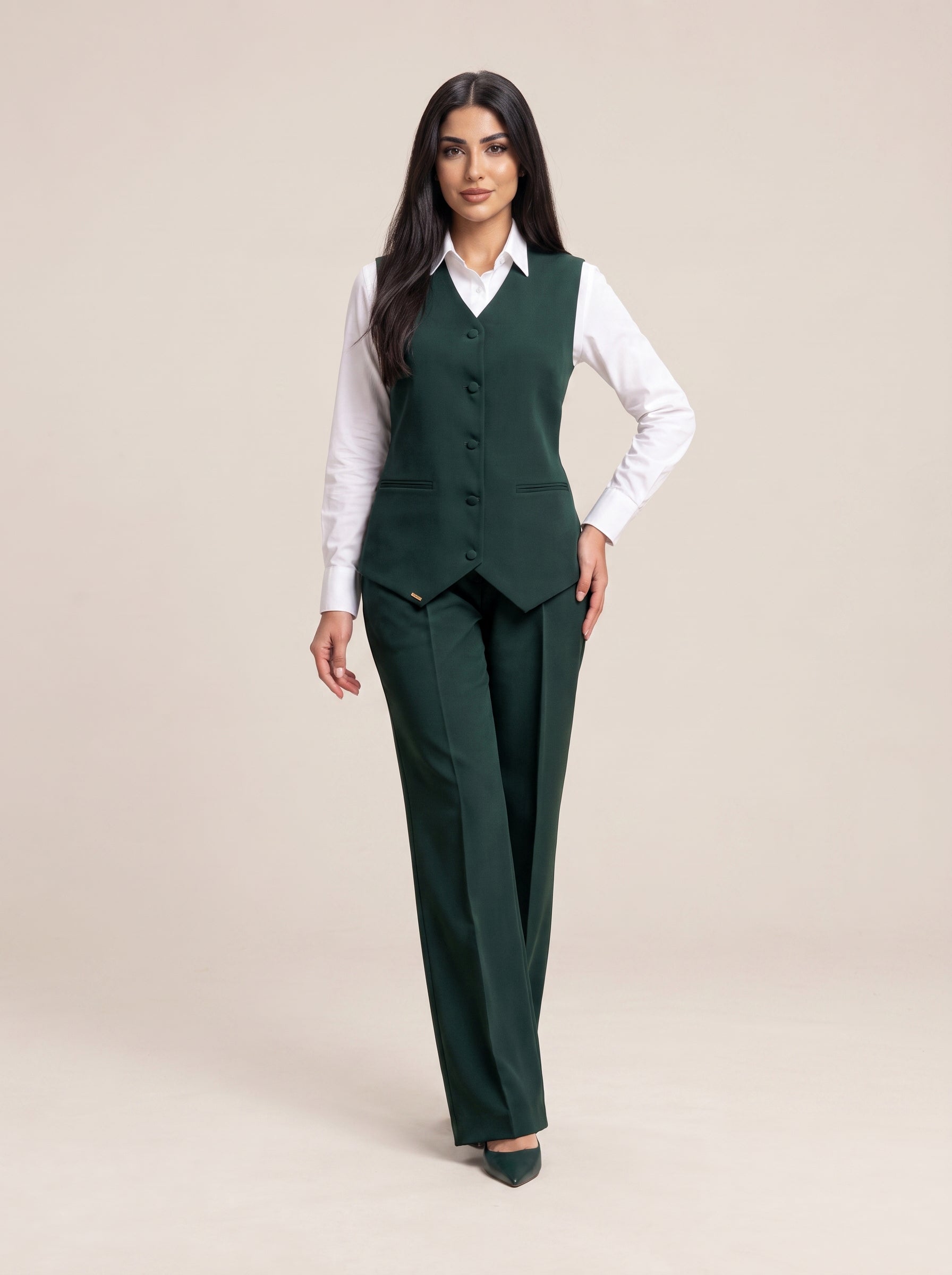 WAQAR formal set in Saudi Green, three-quarter full-length view.