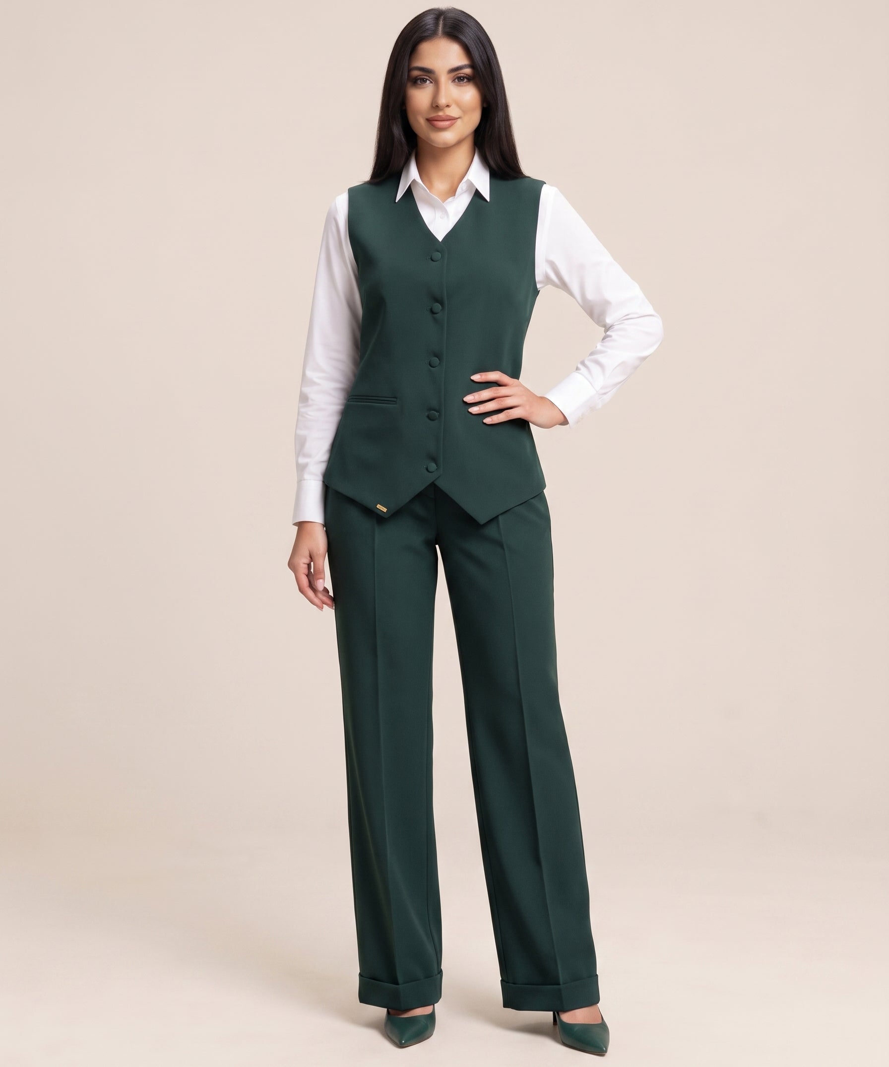 WAQAR formal set in Saudi Green, full-length front view with tailored vest.